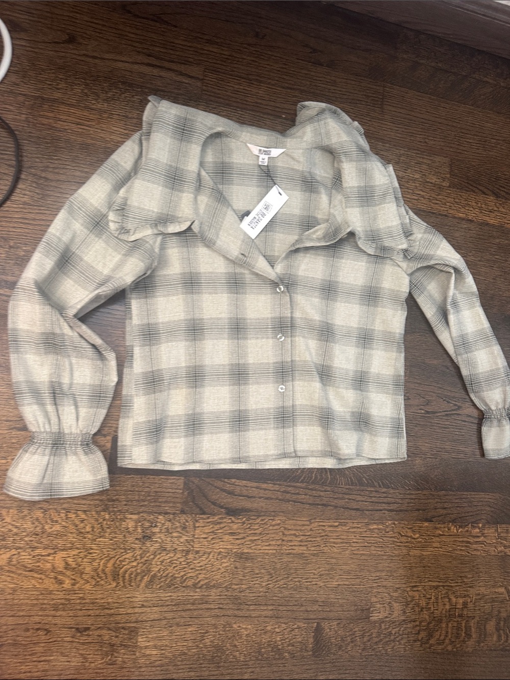 BB Dakota by Steve Madden Beige and Gray Plaid Ruffle-Cuff Button Down